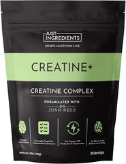 JUST INGREDIENTS Creatine Monohydrate Powder with Rejen Fulvic Mineral Complex supports muscle recovery, energy, strength, and cognitive function. Contains 30 servings per pouch.