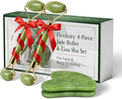 A boxed 4-Piece Body Roller Jade & Authentic Jade Roller and Gua Sha Set for face and body sculpting, puffiness reduction, lymphatic support, and relaxing massage includes two jade rollers with red bows and two green gua sha tools.