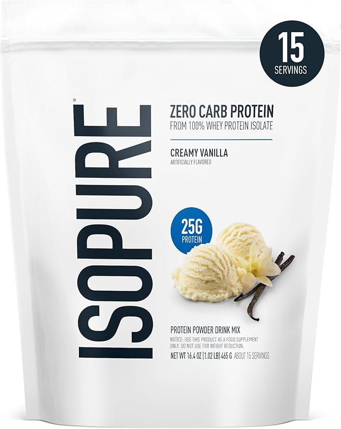 A 1 lb bag of Isopure Zero Carb 100% Pure Whey Isolate Protein Powder, Creamy Vanilla flavor, offers 25g protein per serving, is lactose and gluten free, includes vitamins, and contains about 15 servings per package. Packaging may vary.
