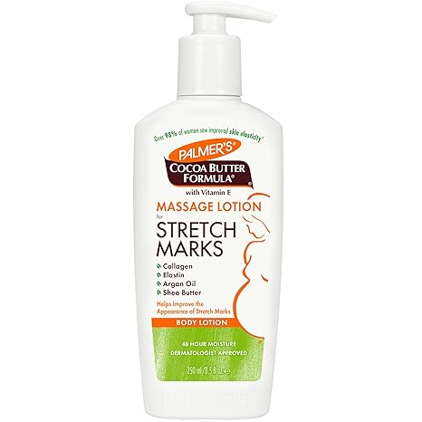 A white pump bottle of Palmer's Cocoa Butter Formula Massage Lotion for Stretch Marks, Pregnancy Skin Care, Belly Cream with Collagen, Elastin, Argan Oil & Shea Butter, 8.5 oz—supports skin elasticity during pregnancy.