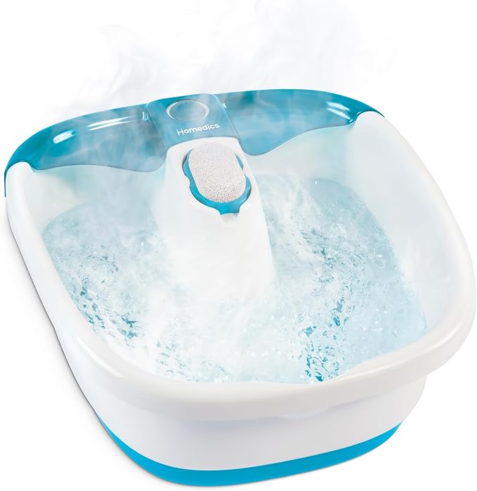 The Homedics Bubble Mate Foot Spa is a white and blue foot bath with toe-touch control, invigorating bubbles, raised massage nodes, splash-proof design, and a removable pumice stone for soothing foot care.