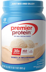 A 23.3 oz container of Premier Protein Vanilla Milkshake powder offers 17 servings, each with 30g protein, only 1g sugar, and is keto-friendly, soy-free, and gluten-free—perfect for a delicious vanilla treat (packaging may vary).