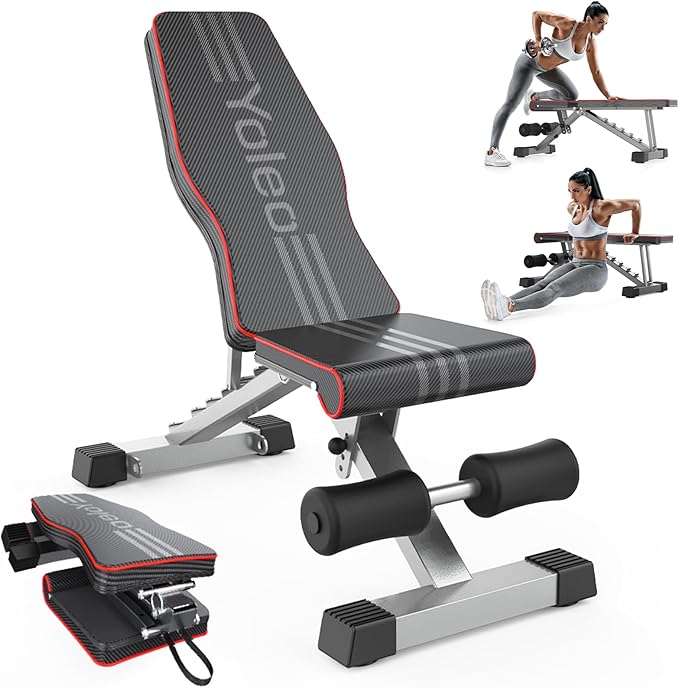 The Yoleo Adjustable Weight Bench for Full Body Workout features black and red padding; images show a woman using the foldable bench for dumbbell rows and push-ups, with resistance bands and the quick-fold design also visible.