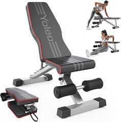 The Yoleo Adjustable Weight Bench for Full Body Workout features black and red padding; images show a woman using the foldable bench for dumbbell rows and push-ups, with resistance bands and the quick-fold design also visible.