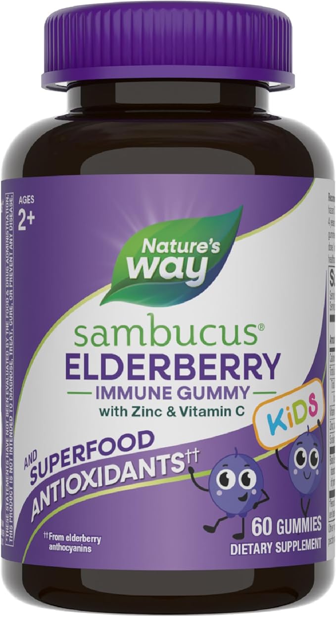 Nature's Way Sambucus Elderberry Immune Gummies for Kids provide immune support with black elderberry extract, vitamin C, and zinc. Each bottle contains 60 gummies, suitable for ages 2+. Packaging may vary.