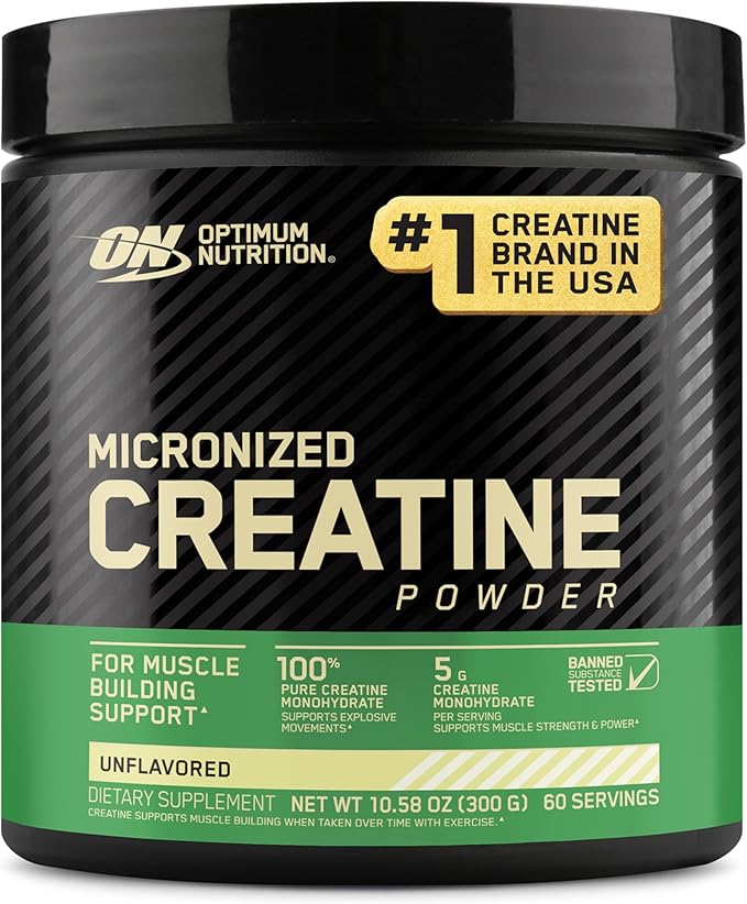 A black and green Optimum Nutrition Micronized Creatine Monohydrate Powder, unflavored, 60 servings (300g), supports muscle strength and building; labeled as the #1 creatine brand in the USA. Packaging may vary.