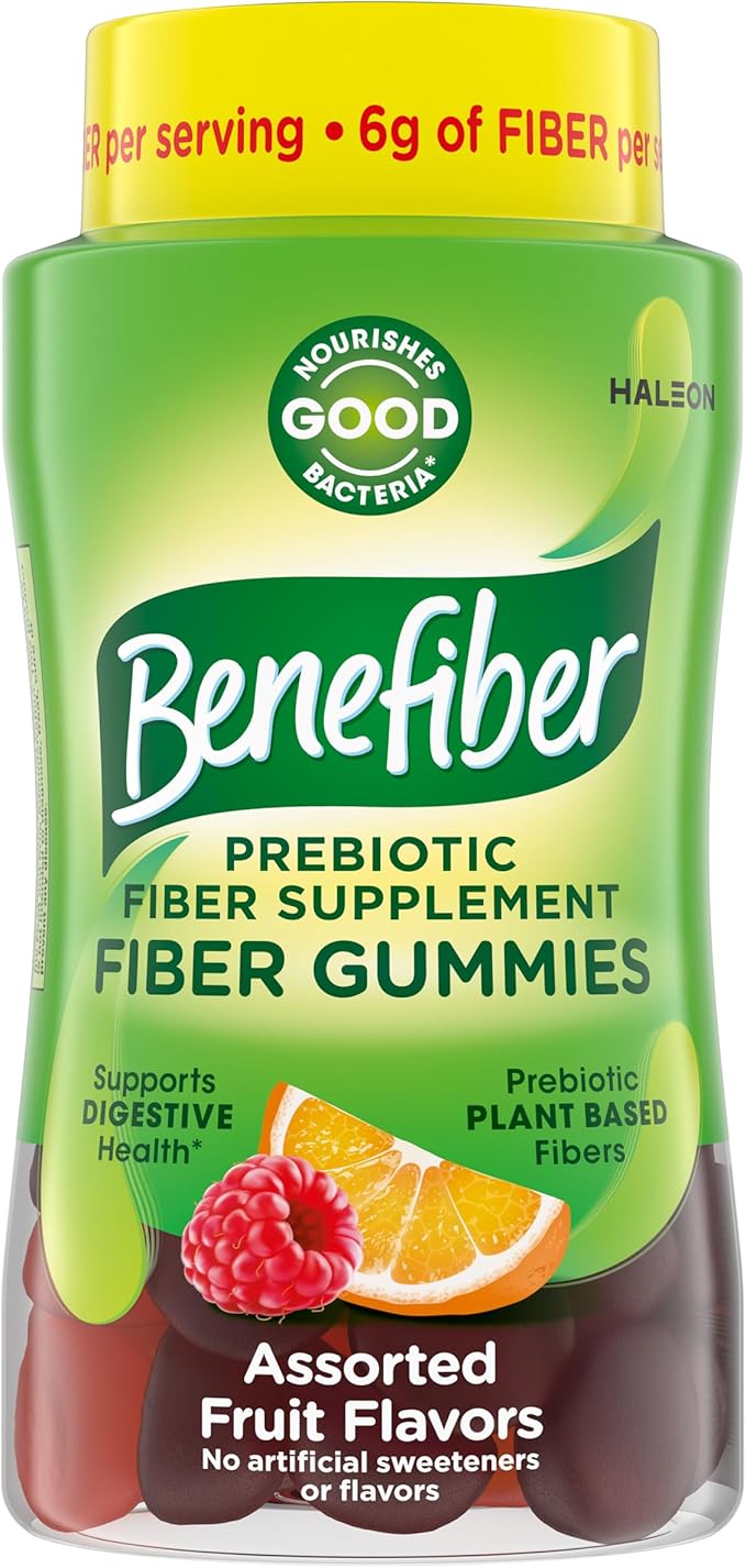 Benefiber Prebiotic Fiber Supplement Gummies, Assorted Fruit Flavor (81 count), provide 6g of plant-based prebiotic fiber per serving and support digestive health.