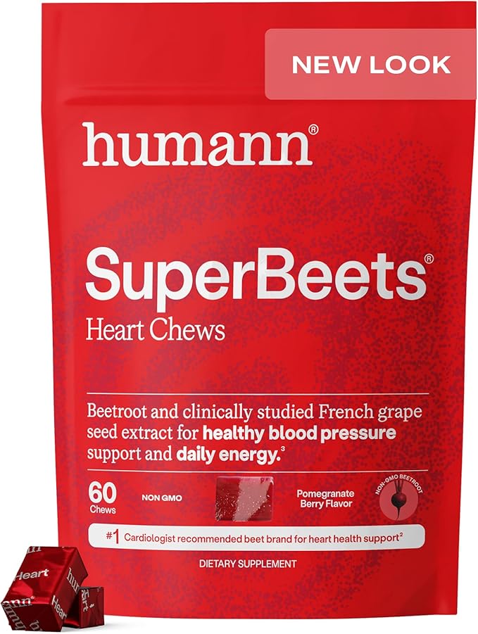 A resealable pouch of Humann SuperBeets Heart Chews, Nitric Oxide and Blood Pressure Support, with grape seed extract & non-GMO beet root powder. Contains 60 pomegranate berry chews and features a NEW LOOK label in the top right corner.