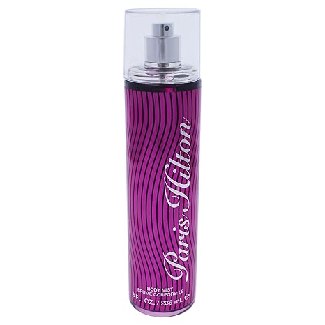 An 8 fl oz tall, cylindrical Body Mist for Women by Showlu Well Nation Store features a metallic pink and black striped design with “Paris Hilton” in white cursive—a chic scent loved across the United States.