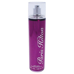 An 8 fl oz tall, cylindrical Body Mist for Women by Showlu Well Nation Store features a metallic pink and black striped design with “Paris Hilton” in white cursive—a chic scent loved across the United States.