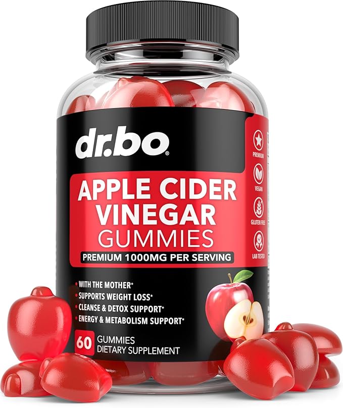 A bottle of ACV Apple Cider Vinegar Gummies (1000mg per serving, 60 count) is shown with red, apple-shaped gummies. The label highlights weight loss, detox, cleansing, and gut health benefits with icons.