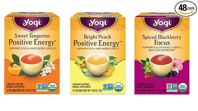 Morning Energy Variety Pack (3 Pack) Includes Peach Bergamot Bright Day, Sweet Tangerine Positive Energy, Spiced Blackberry Focus - 48 Organic Tea Bags