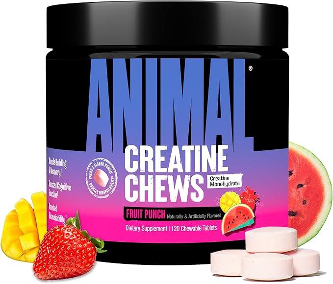 A container of Animal Creatine Chews Tablets – Fruit Punch, featuring enhanced creatine monohydrate with AstraGin and sea salt, is shown with mango, strawberry, and watermelon images beside five round pink chewable tablets.