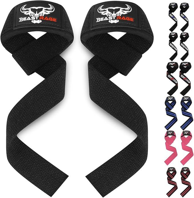 Two BEAST RAGE Lifting Wrist Straps for weightlifting, featuring the logo on padded wrist supports, are displayed centrally. Smaller side images show various available colors and patterns for added grip enhancement.