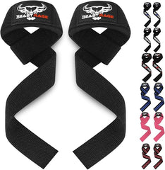 Two BEAST RAGE Lifting Wrist Straps for weightlifting, featuring the logo on padded wrist supports, are displayed centrally. Smaller side images show various available colors and patterns for added grip enhancement.