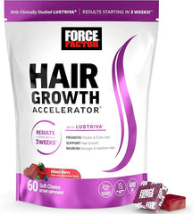 The white and purple Force Factor Hair Growth Accelerator Soft Chews with clinically studied Lustriva and biotin provides 60 mixed berry chews that promote thicker, fuller, stronger hair for men and women with visible results in 3 weeks.