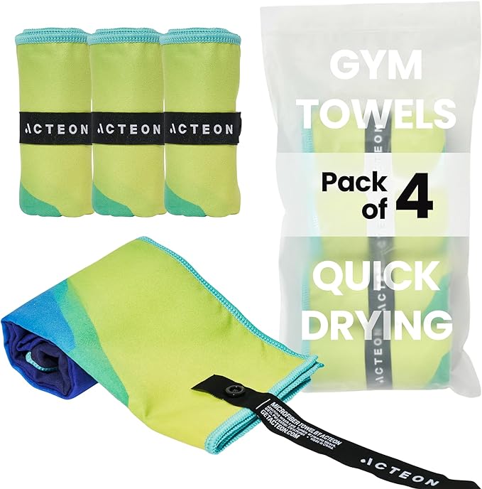 Four rolled Acteon Quick Dry Microfiber Gym Towels (green and blue), each with a black strap, are shown with a white bag labeled “GYM TOWELS Pack of 4 QUICK DRYING.” One super absorbent towel is partially unrolled in front.