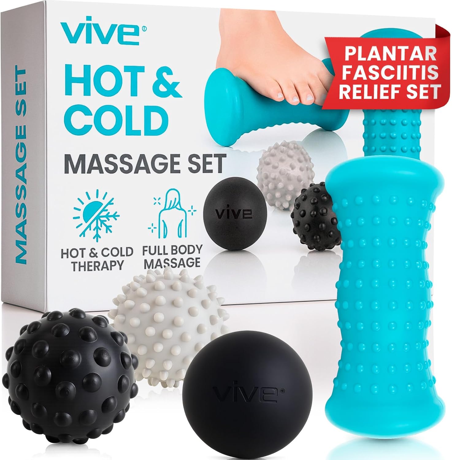 The Vive Massage Ball Set (4 Piece) packaging highlights Plantar Fasciitis Relief, hot/cold therapy, and deep tissue massage with a blue foot roller, two spiky balls (black/gray), and a smooth black ball for targeted pain relief.