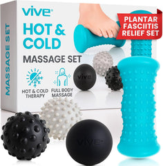 The Vive Massage Ball Set (4 Piece) packaging highlights Plantar Fasciitis Relief, hot/cold therapy, and deep tissue massage with a blue foot roller, two spiky balls (black/gray), and a smooth black ball for targeted pain relief.