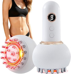 A woman in workout clothes stands beside the Lymphatic Drainage Massager & Anti Cellulite Massage Tool, a body sculpting machine for legs, arms, and belly that uses microcurrent, light, heat, and vibration to help reduce stretch marks and cellulite.