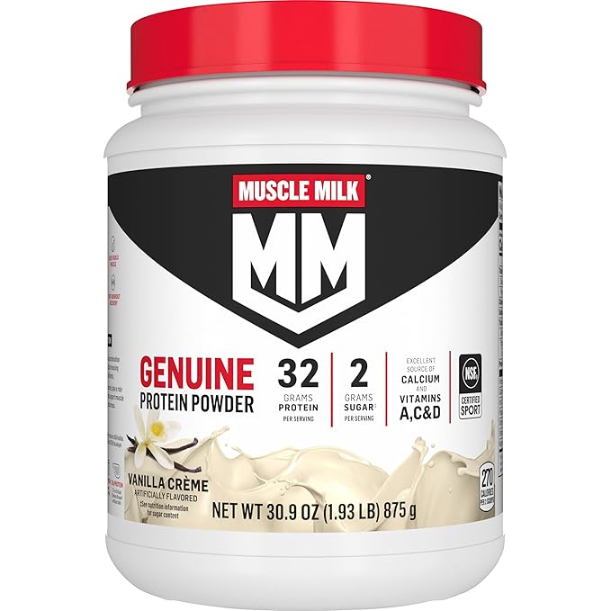 A 1.93 lb white container of Muscle Milk Genuine Protein Powder, Vanilla Crème, features 32g protein and 2g sugar per serving plus calcium and vitamins A, C & D—NSF Certified for Sport; contains 12 servings. Packaging may vary.