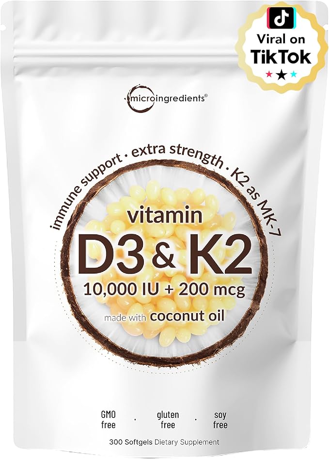 A white bottle of Micro Ingredients Vitamin D3 10,000 IU + K2 MK-7 200 mcg features 300 easy-to-swallow softgels with virgin coconut oil for immune support. This extra strength, 2-in-1 vitamin D & K complex is non-GMO and gluten free.
