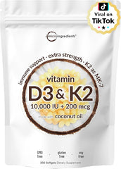 A white bottle of Micro Ingredients Vitamin D3 10,000 IU + K2 MK-7 200 mcg features 300 easy-to-swallow softgels with virgin coconut oil for immune support. This extra strength, 2-in-1 vitamin D & K complex is non-GMO and gluten free.