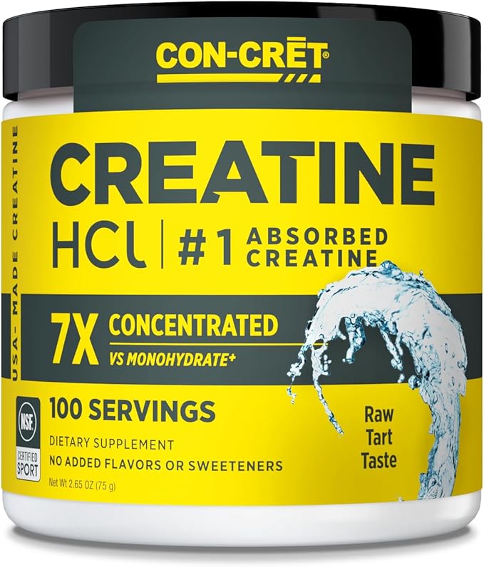 A yellow and white CON-CRET Creatine HCl Powder container displays “7X Concentrated,” “100 Servings,” “No Added Flavors or Sweeteners,” and highlights muscle, cognitive, and cellular energy support on its label with a water splash graphic.