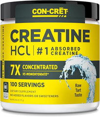 A yellow and white CON-CRET Creatine HCl Powder container displays “7X Concentrated,” “100 Servings,” “No Added Flavors or Sweeteners,” and highlights muscle, cognitive, and cellular energy support on its label with a water splash graphic.