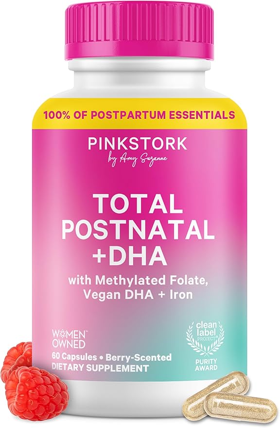 A bottle of Pink Stork Total Postnatal Vitamins for Women with Vegan DHA, Iron, Folate, and B12 features a pink-yellow label with raspberries and capsules, highlighting key nutrients for postpartum recovery and breastfeeding moms.