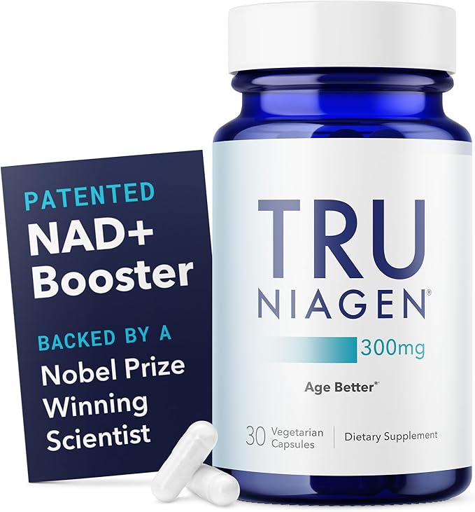 A blue bottle labeled "TRU NIAGEN Patented NAD Supplement, 300mg Niagen" with two white capsules is shown beside a card stating: "Patented NAD+ supplement, Backed by a Nobel Prize Winning Scientist for cellular energy.