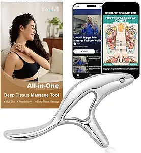 The lifechill Trigger Point Massage Tool for deep tissue massage and Gua Sha, an FSA/HSA-eligible muscle scraper and thumb saver acupressure tool, is shown with its box, a video tutorial on a phone, and a foot reflexology chart for full body pain relief.