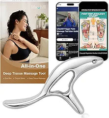 The lifechill Trigger Point Massage Tool for deep tissue massage and Gua Sha, an FSA/HSA-eligible muscle scraper and thumb saver acupressure tool, is shown with its box, a video tutorial on a phone, and a foot reflexology chart for full body pain relief.