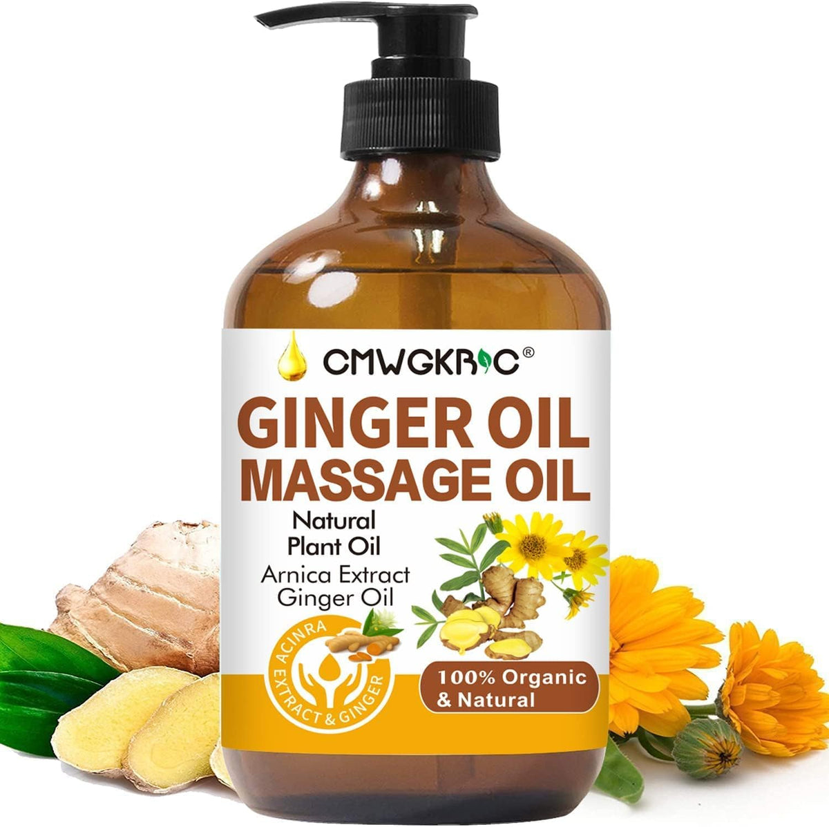 A brown pump bottle of Ginger Oil Massage Oil for Lymphatic Drainage, enriched with arnica and ginger oil, sits in front of ginger roots and arnica flowers. The label highlights 100% natural relaxing body oil for sore muscles.