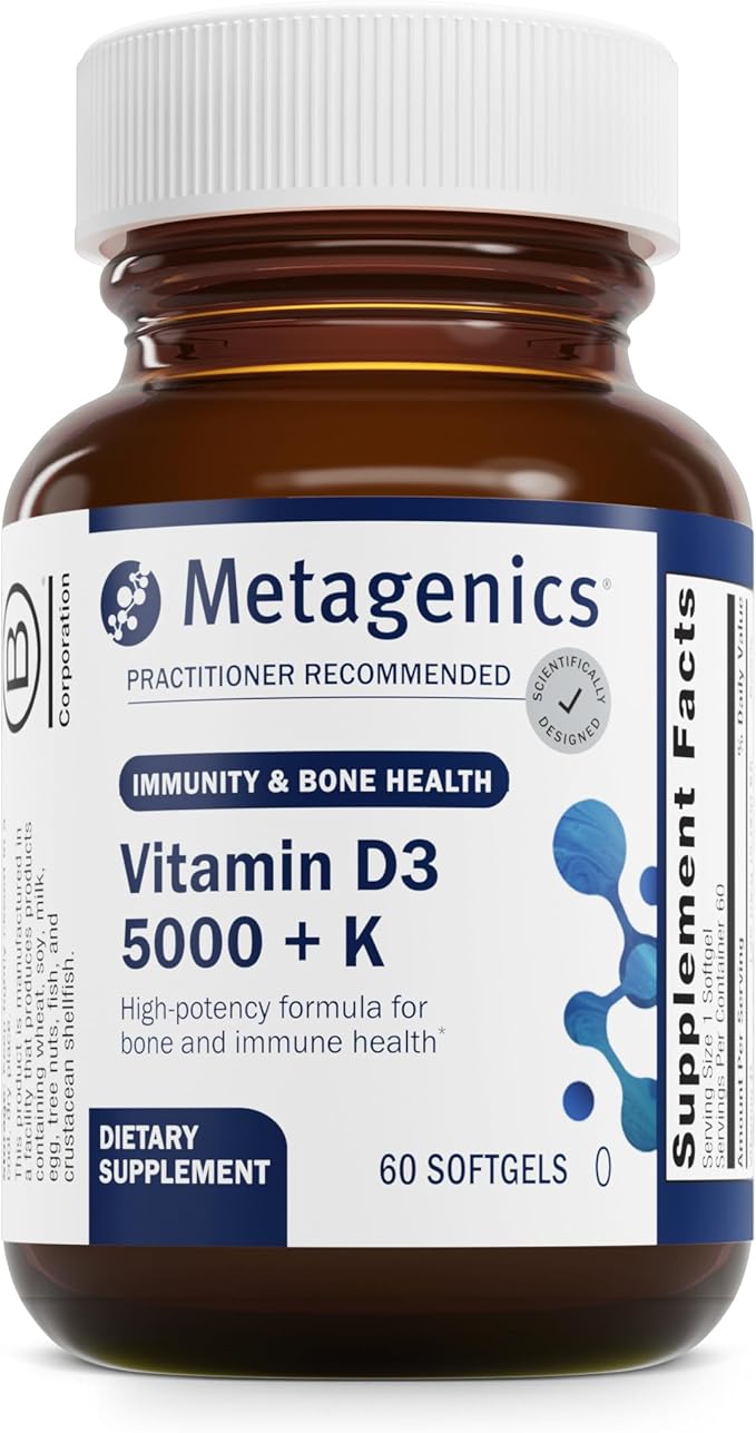 A brown bottle of Metagenics Vitamin D3 + K (5,000 IU, MK-7) dietary supplement contains 60 non-GMO, gluten-free softgels for artery, immune, bone & heart health. Supplement Facts are partially visible on the label.