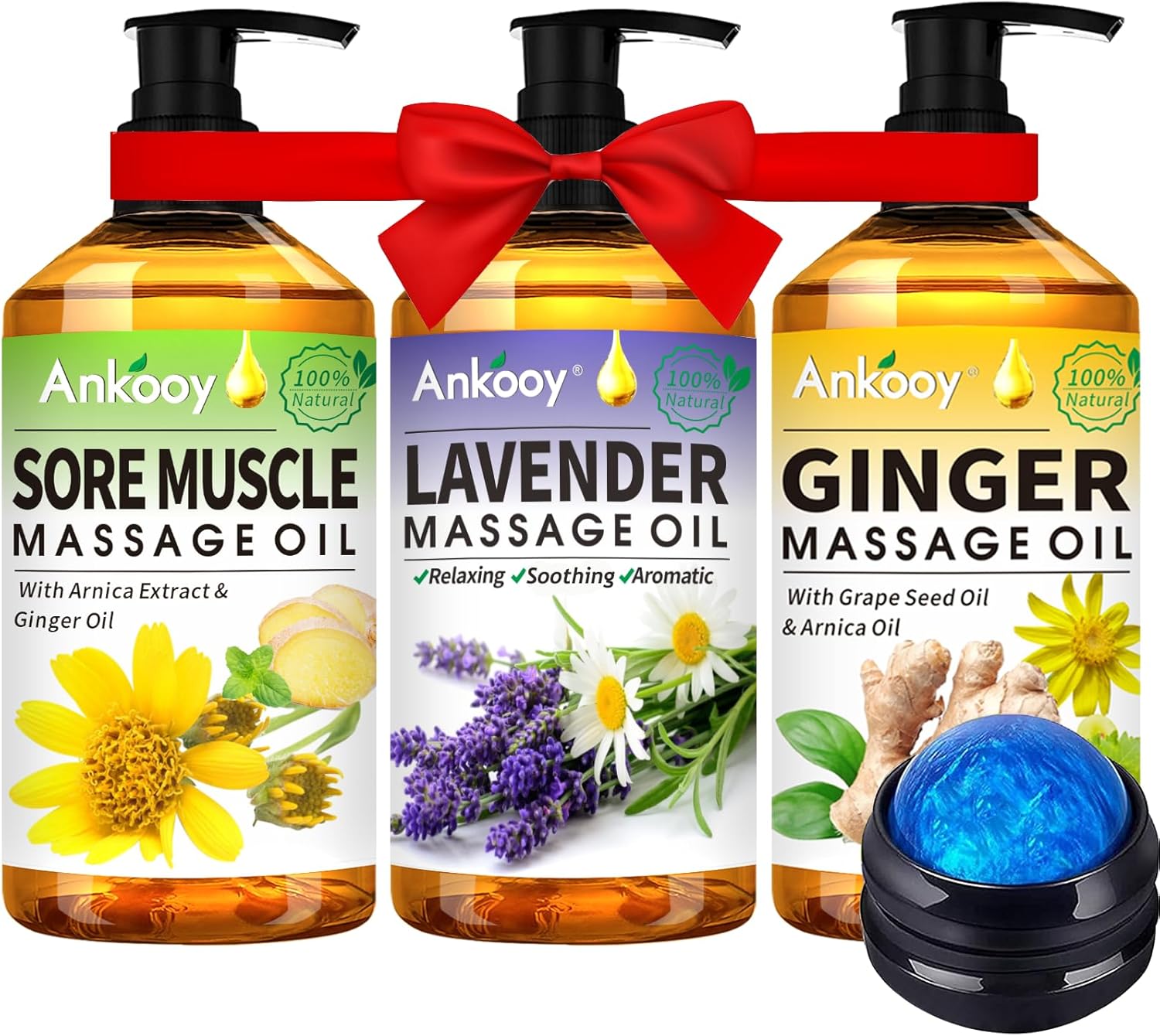 A trio of Ankooy massage oils—Sore Muscle Arnica, Lavender, and Ginger—plus a blue massage ball, are perfect Valentines Day gifts. Each “100% Natural” oil highlights key ingredients on the label and is topped with a red ribbon bow.