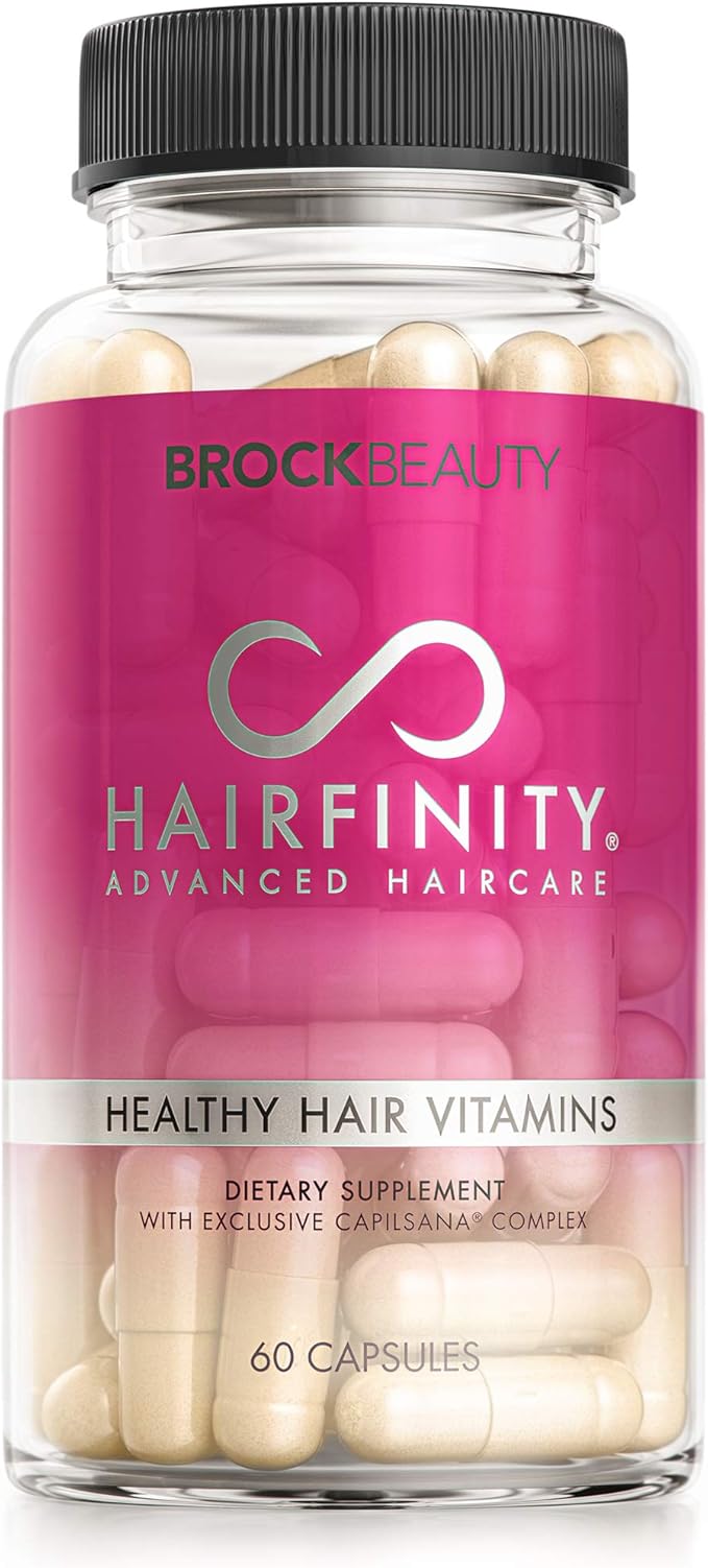 A clear bottle of Hairfinity Hair Vitamins (60 vegan capsules) with a pink and white label, scientifically formulated with biotin, amino acids, and vitamins to help support hair growth for healthier locks.