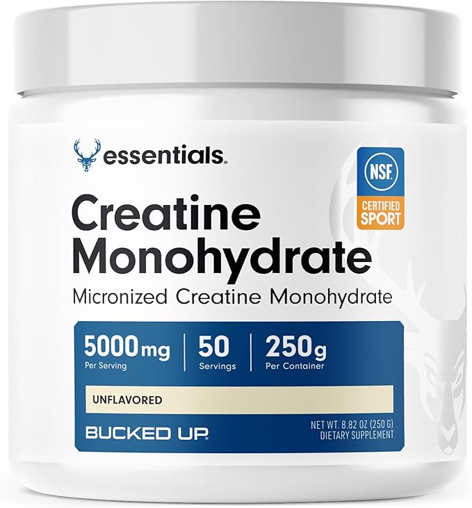 A white container of Bucked Up Pure Micronized Creatine Monohydrate for Women and Men, unflavored, easy to mix, 5g per serving, 50 servings (250g total)—ideal for pre- or post-workout shakes and superior absorption.