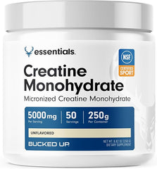 A white container of Bucked Up Pure Micronized Creatine Monohydrate for Women and Men, unflavored, easy to mix, 5g per serving, 50 servings (250g total)—ideal for pre- or post-workout shakes and superior absorption.