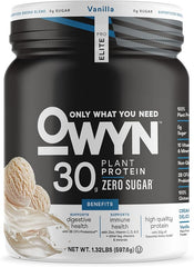 A black container of OWYN Only What You Need Pro Elite High Protein Powder, Vanilla, with 30g vegan protein, zero sugar, low net carbs, and 12 servings (1.32 lb). Highlights smooth taste and supports workout recovery.