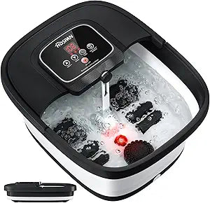 The HOSPAN Collapsible Foot Spa in black features heat, bubbles, red light, digital temperature control, and 8 Shiatsu massage rollers visible inside the basin for a soothing and relaxing foot bath.
