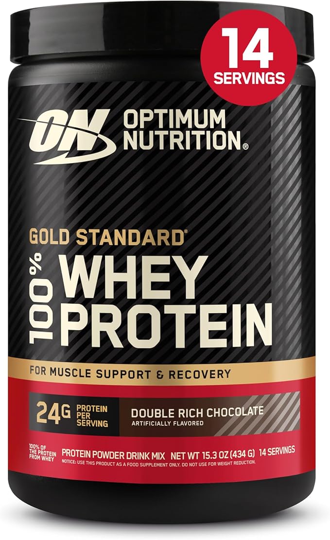 A 1 lb black container of Optimum Nutrition Gold Standard 100% Whey Protein Powder, Double Rich Chocolate, provides 24g protein per serving and 14 servings per pack for muscle support and recovery.