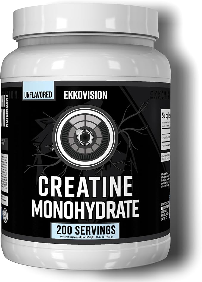 A white container labeled Ekkovision Creatine Monohydrate Powder, Micronized, Unflavored, 200 Servings; the black label highlights it as a premium pre and post workout supplement for energy support that mixes easily in shakes and beverages.