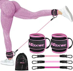 A person in pink leggings demonstrates leg exercises using Ankle Resistance Bands with Cuffs, which come with adjustable ankle cuffs, pink and black bands, and a mesh bag—ideal booty workout equipment for hip fitness and butt lift training.