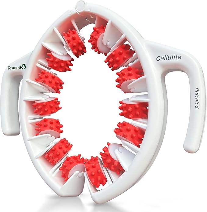 The TESMED Cellulite Manual Massager is a white handheld device with dual handles and red, circular spiked rollers. Made in Italy, it uses patented Converging & Diverging Roller Technology for targeted anti-cellulite treatment on thighs and buttocks.