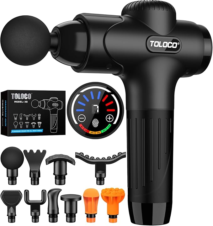 A black TOLOCO Massage Gun Deep Tissue Percussion Massager for athletes, with 10 interchangeable heads and a control screen, includes a storage box; attachments shown below provide targeted muscle relaxation and tension relief.