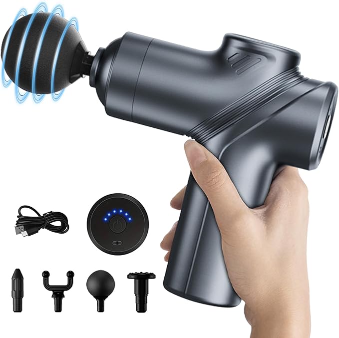 A hand holds the Massage Gun Deep Tissue, a portable massage gun with a silent brushless motor and round vibrating head. Below are 4 interchangeable heads, a charging cable, and a digital display with blue LED lights for muscle relief.