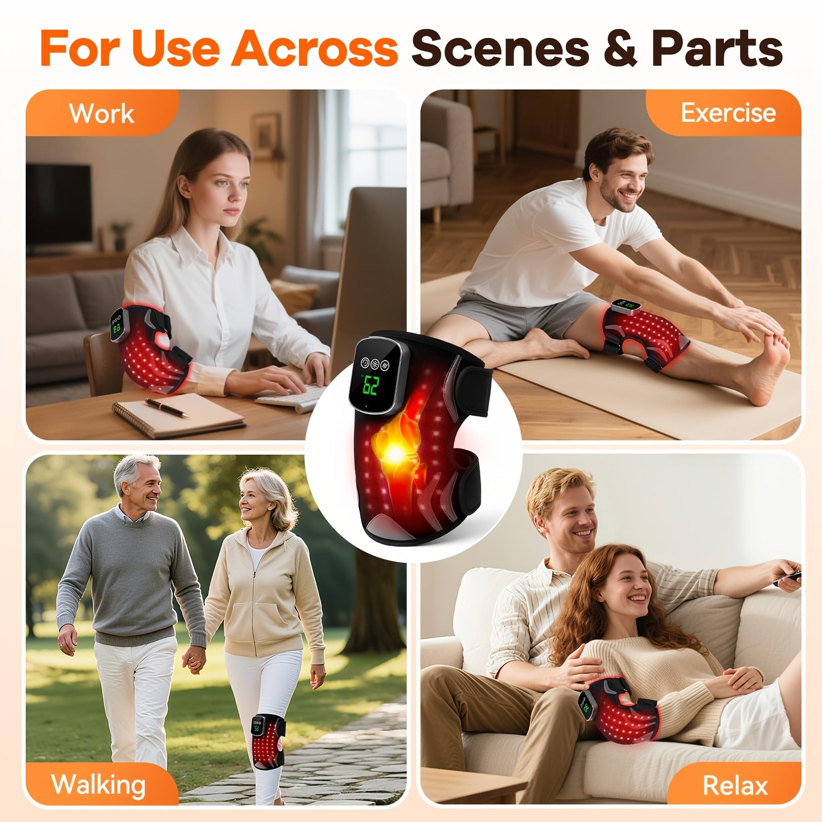 Collage shows people using A Warming Knee Cushion—a knee support with heat and massage—while working, stretching, walking outdoors, and relaxing. USB charging enables use across scenes & parts. Text reads For Use Across Scenes & Parts.