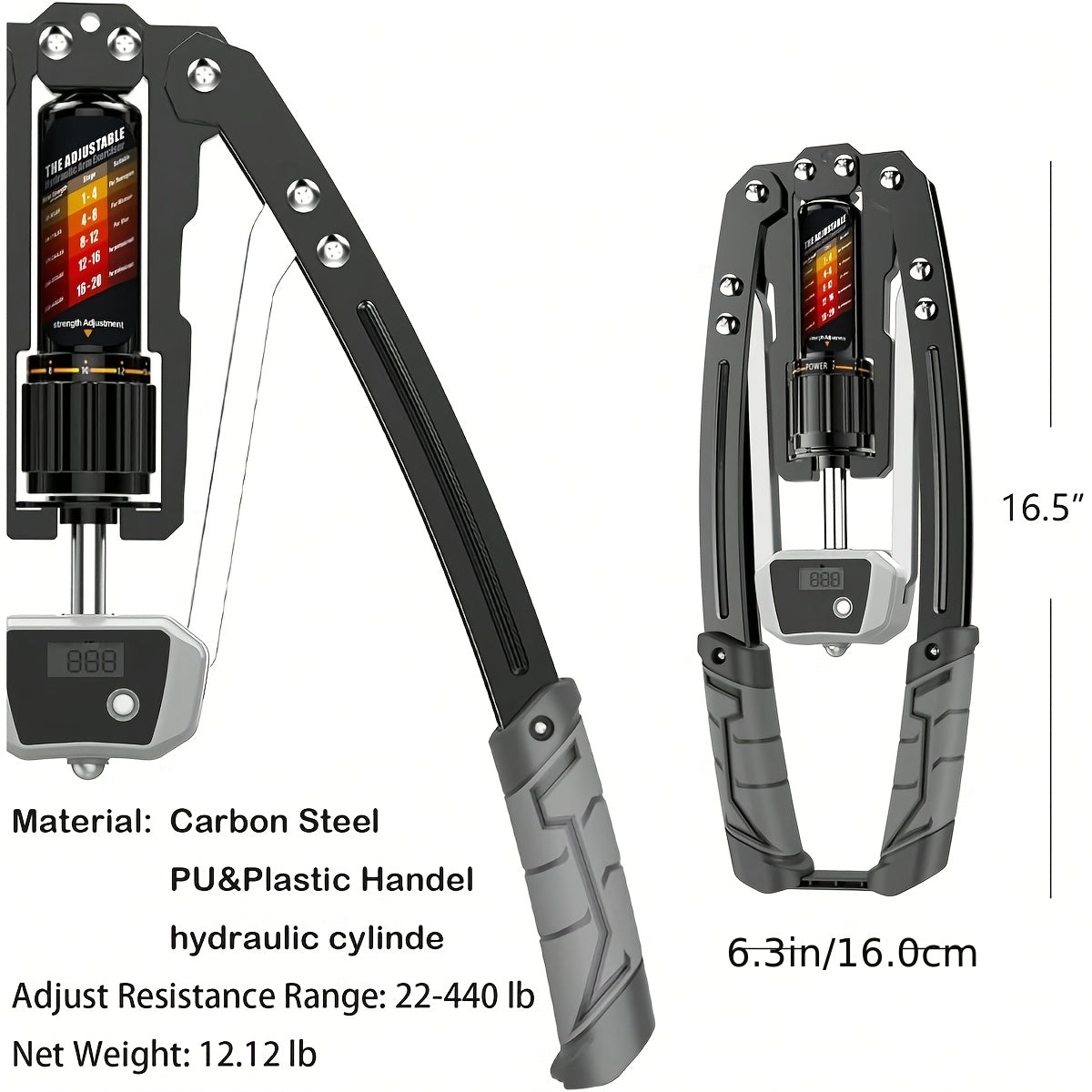 Versatile Hydraulic Chest Expansion Bar offers 22-440 lbs resistance, ideal for upper body strength training at home. Compact, with a black handle, digital display, and durable carbon steel build; suitable for men and women. Made in Guangdong.