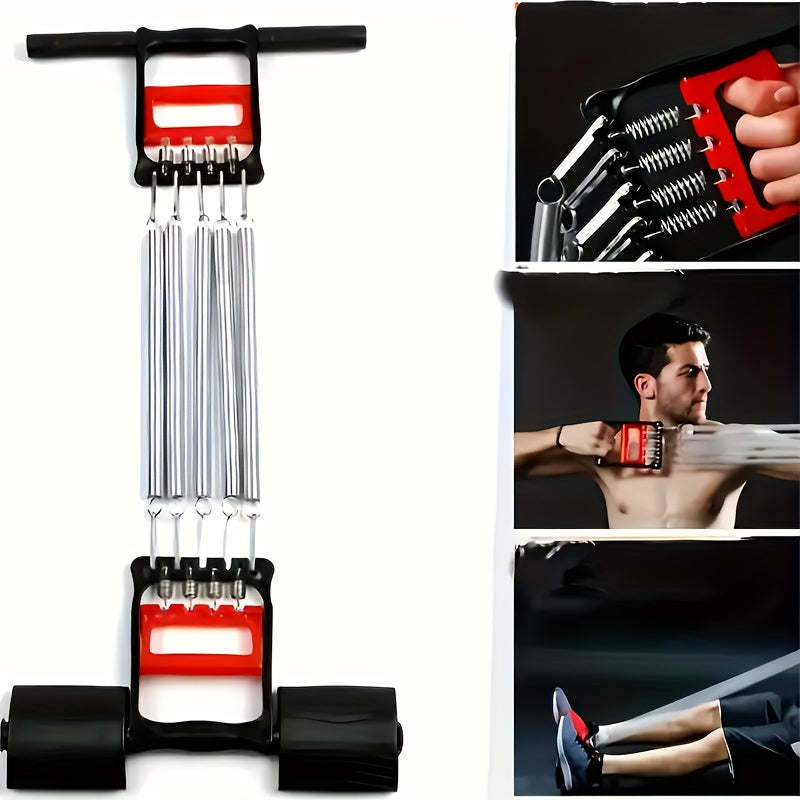 The Versatile Stainless Steel Pedal Puller—made in Shandong, China with black handles and adjustable resistance—is shown. Three inset images depict a man using it for arm, chest, and leg strength workouts.